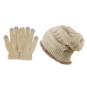 HINDAWI Women's Beige Slouchy Winter Knit Beanie & Gloves
